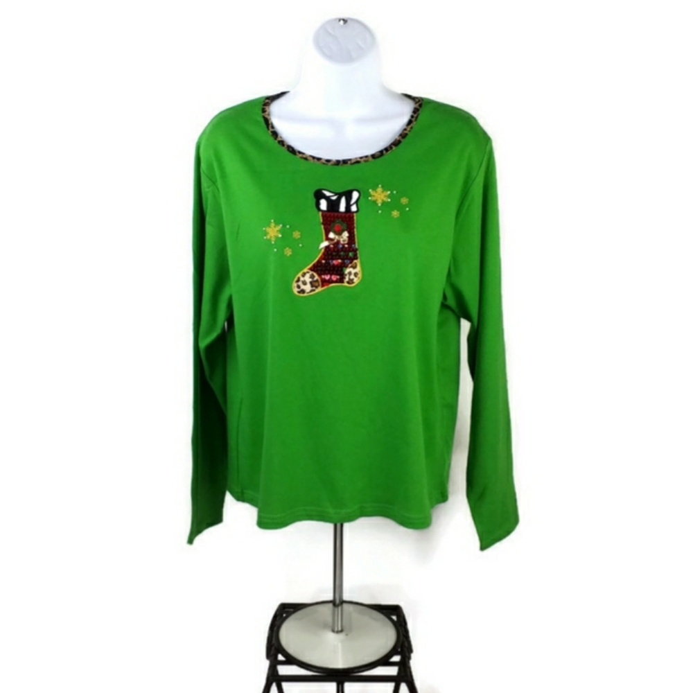 KB Collections Green Round Neck Long Sleeve Pullover Embellished Top Womens XL